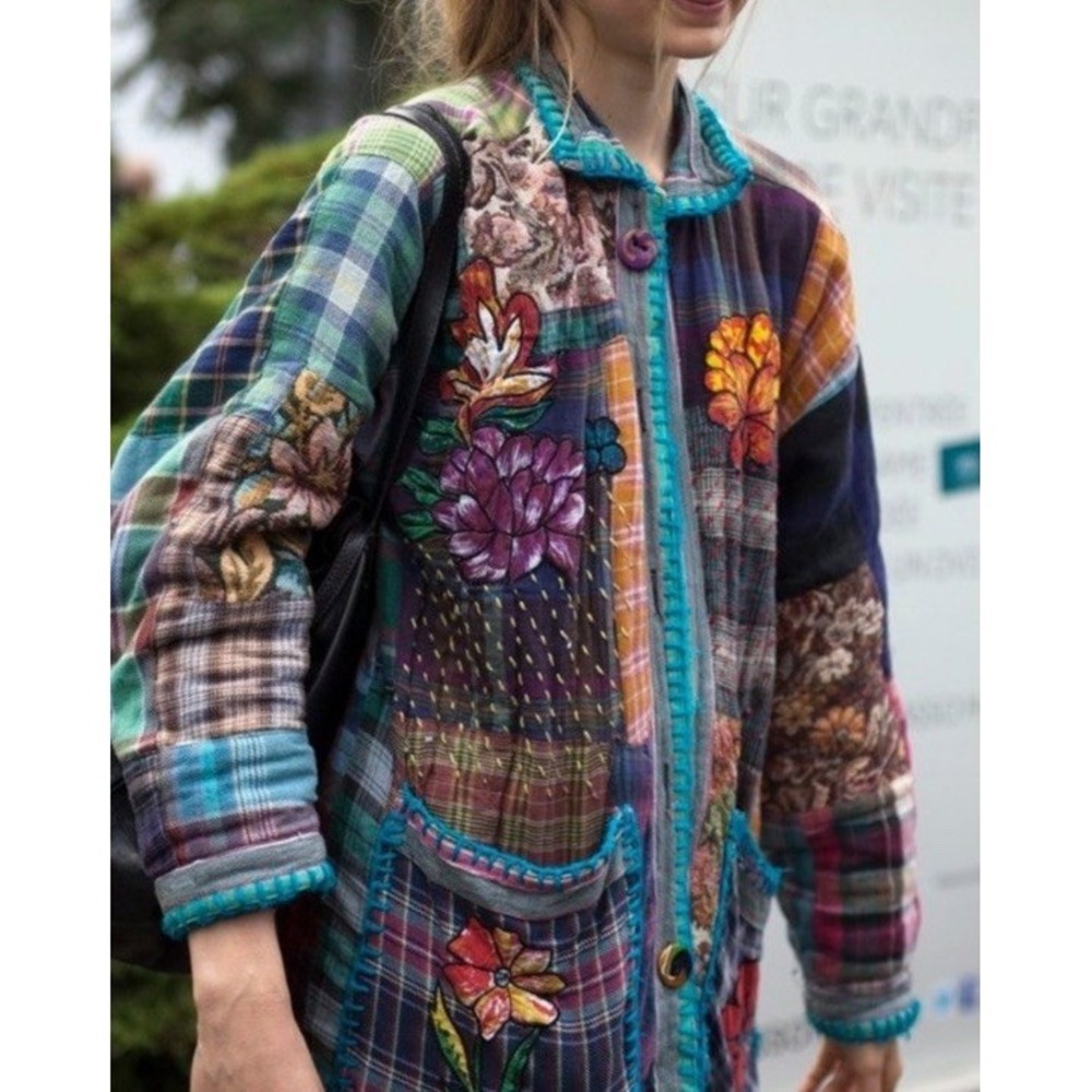 VTG Jou Jou Embroidered Patchwork  Jacket Floral Artsy Multicolor Plaid Larg